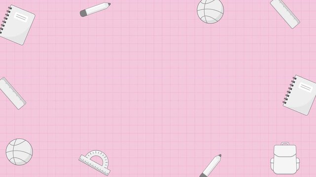Seamless looping background animation of swinging school elements with wide center text copy space on pink grid graph notebook paper background. Flat style back to school concept design