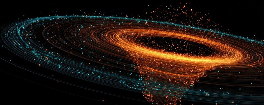 Swirling, luminous particle streams in orange and blue hues create a vortex effect