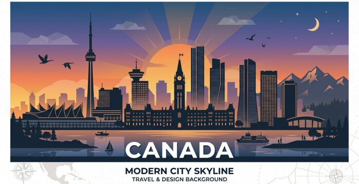canada, skyline, city, silhouette, travel, urban, architecture, landmark, downtown, skyscraper, building, tourism, cityscape, panorama, horizon, metropolitan, tower, bridge, waterfront, destination, v
