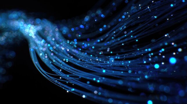 Abstract glowing blue light fibers and particles flowing with motion blur effect