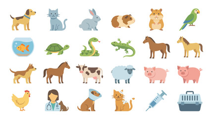 Obraz premium Veterinarian icons featuring various animals and medical supplies illustrate professional animal healthcare services.