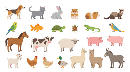 Obraz premium Animals including farm livestock and household pets are displayed in this comprehensive collection of illustrations.