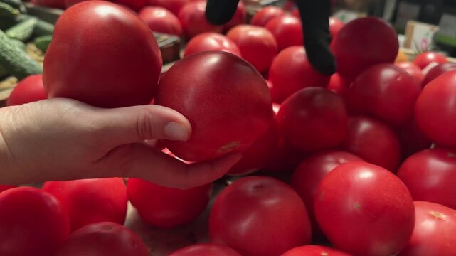sorting and handling tomatoes by hand in a market or grocery store setting with a practical and focused mood and close-up perspective on a wooden surface with plastic containers.