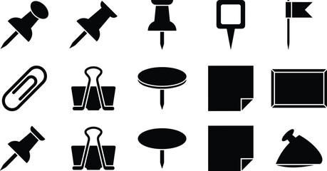 vector set of simple black office stationery paper clip push pin binder clips and note pad icons collection isolated on white background  © MstMonjila