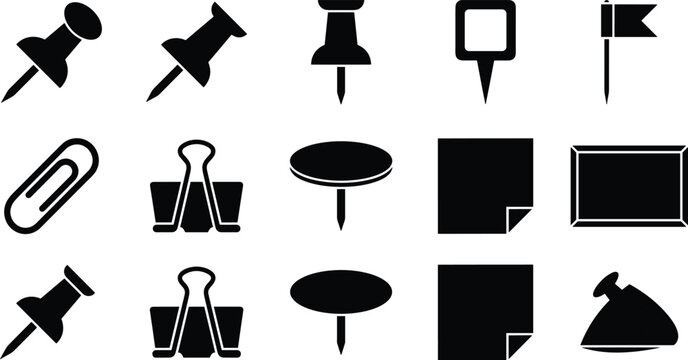 vector set of simple black office stationery paper clip push pin binder clips and note pad icons collection isolated on white background
