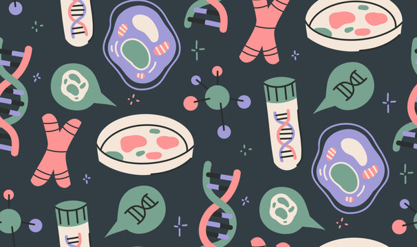 Vector seamless pattern with DNA and molecules in a naive flat style on dark background. Scientific texture for wrapping paper and wallpaper.