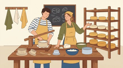 Fototapeta premium Cheesemakers preparing cheese in a workshop with traditional tools and ingredients