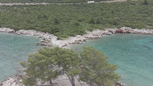 Small Rocky Island with Pine Trees in Turquoise Sea