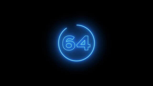 Glowing neon 70 second countdown timer animation on black background.Progress bars circle with countdown animation. Circular Percentage Loading Bar Animation on Dark Background.