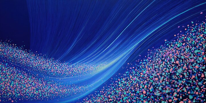Flowing streaks of light create a dynamic blue digital wave with scattered colorful particles
