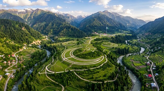 Aerial view, green valley, winding roads, mountain landscape, scenic countryside