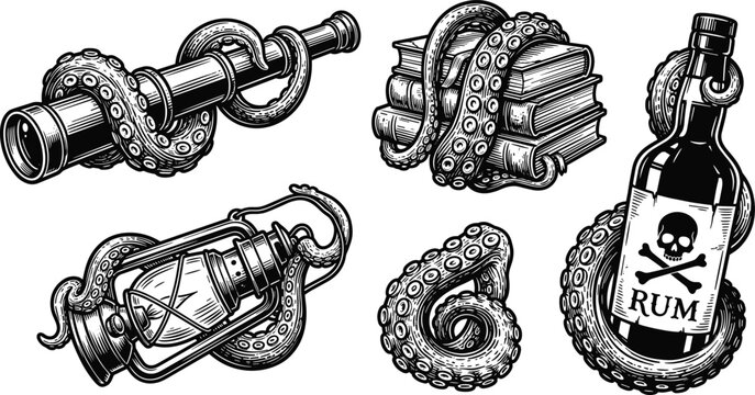 vector set of vintage monochrome nautical illustrations featuring detailed octopus tentacles wrapping around pirate rum bottle spyglass books and lantern elements
