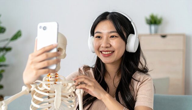 Young woman taking selfie with skeleton model and headphones