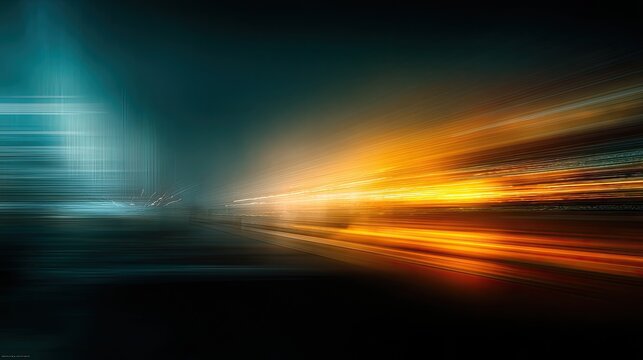 Streaking motion blur of vibrant orange and cool teal light trails on dark