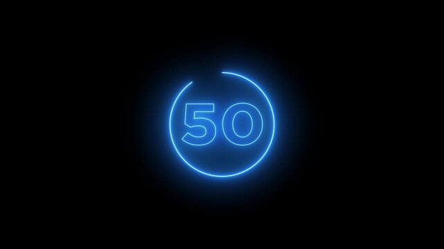 Glowing neon 55 second countdown timer animation on black background.Progress bars circle with countdown animation. Circular Percentage Loading Bar Animation on Dark Background.