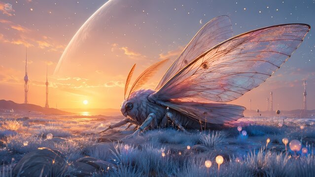 Giant Solar Sail Mothbeast Resting in Alien Meadow