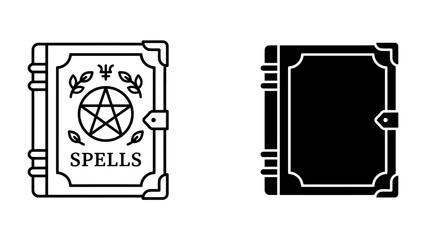 Mystical Tome of Spells: An ancient spellbook, adorned with a mystical pentagram and intricate leaf motifs, stands as a symbol of arcane knowledge and hidden power, alongside its solid silhouette. © Fara