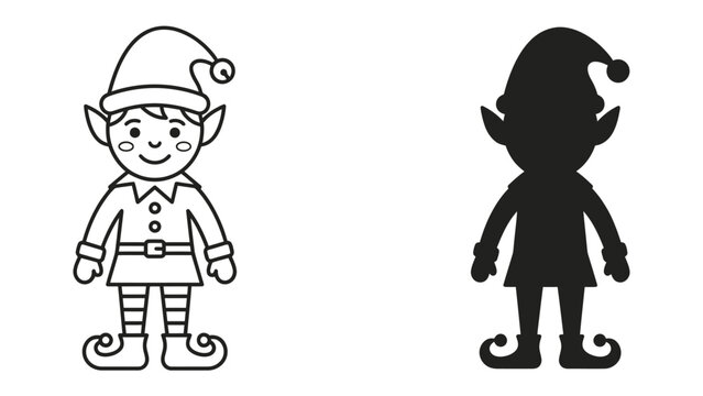 Christmas Elf Outline and Silhouette: A cheerful cartoon Christmas elf in an outline drawing and its corresponding black silhouette, showcasing festive holiday spirit and character design elements.