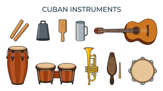 Collection of Traditional Cuban Musical Instruments Vector Illustration on White Background