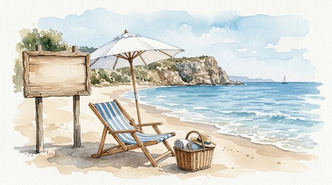 Watercolor beach scene with empty wooden sign and deck chair