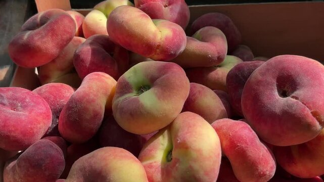 Peaches static display, in basket or container, with peaches, with wooden basket texture, from a close-up perspective, with pink, yellow accents, and fresh and natural mood.