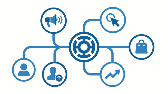 Business diagram shows a central hub connected to various marketing and consumer engagement activities.