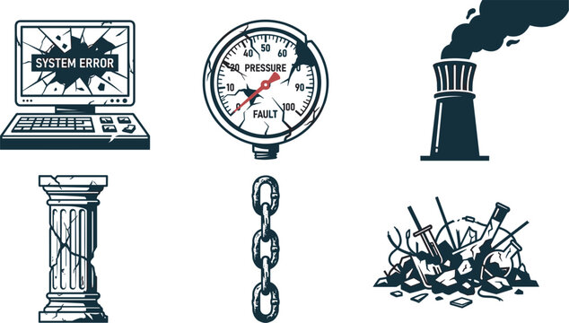 Industrial disaster and post apocalyptic system failure icons vector setIndustrial disaster and post apocalyptic system failure icons vector set