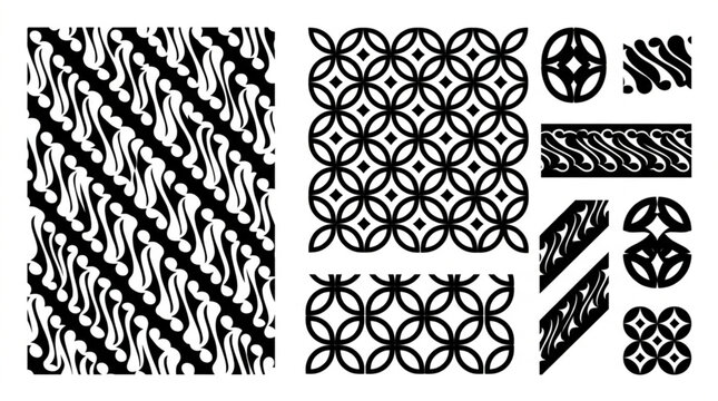 Indonesian Batik Pattern Set - Traditional Seamless Black White Vector