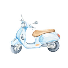 Watercolor illustration of a scooter. A blue moped for a trip to the beach on vacation. Perfect for summer tropical travel. This cute scooter is hand-drawn. Suitable for design, postcards.  © Evgeniia