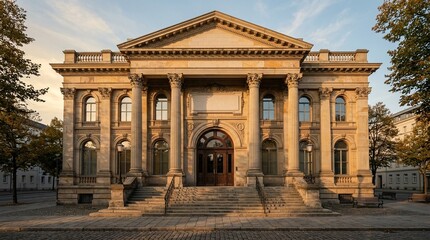 Obraz premium Bank's exterior facade with tall classical columns and a blank generic sign above the entrance – Blank Loan Document Finance Concept, No People Stock Photo