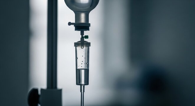 Close-up of an intravenous IV drip setup with saline solution slowly infusing, symbolizing medical treatment and patient care.