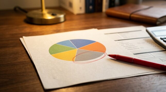 Blank credit-utilization pie chart printed on paper, resting beside a red pen circling one section &ndash; Blank Loan Document Finance Concept, No People Stock Photo
