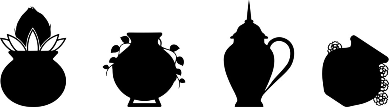 Traditional Indian Culture and Festival Icon Set Featuring Kalash, Decorative Pot, Surahi, and Holy Water Vessel Silhouettes for Pooja, Diwali, and Hindu Rituals
