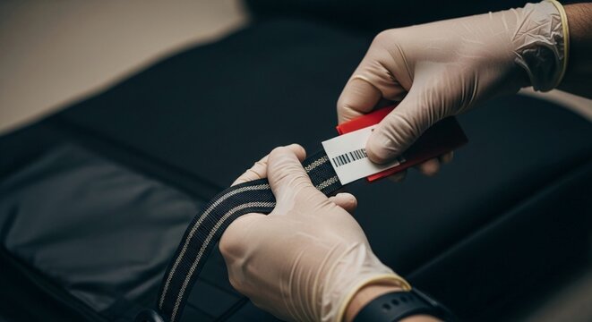 Close-up of gloved hands using a handheld barcode scanner on a striped label, indicating inventory or product identification.