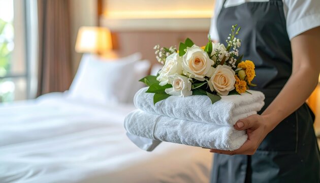 Hotel housekeeper preparing room with folded towels and flowers, professional housekeeping and hotel management