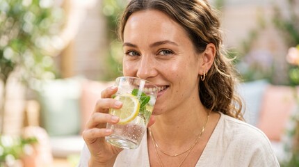 Fototapeta premium Happy young woman drinking refreshing lemon and mint water in a sunny outdoor garden setting