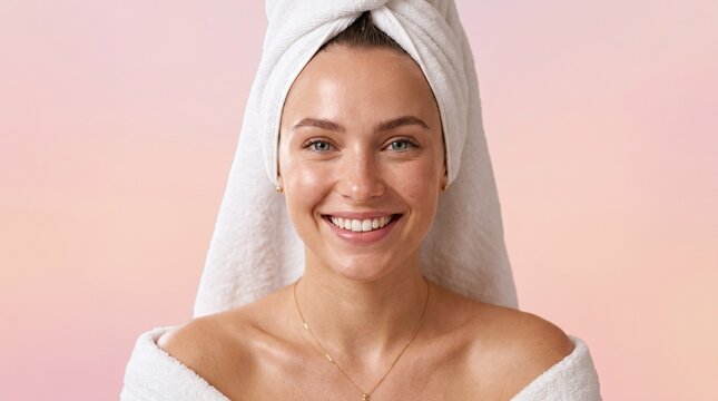 Happy young woman with white towel on head and shoulders smiling, showcasing glowing clear skin for beauty and wellness concept