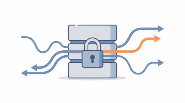 Database server secured with a digital padlock displays data flow arrows for network security concepts.