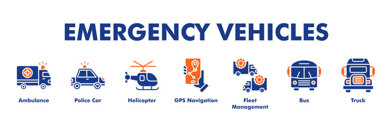 EMERGENCY VEHICLES web banner icon vector illustration concept with icon of Ambulance, Police Car, Helicopter, GPS Navigation, Fleet Management, Bus, Truck  © Kron Visual