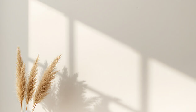Pampas grass with window light shadow on white wall minimalist