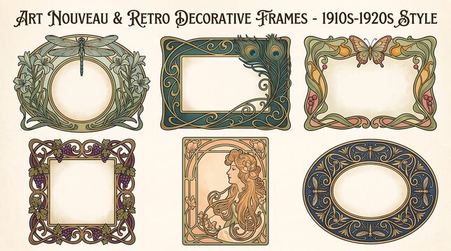 Set of elegant art nouveau decorative frames with vintage organic motifs including dragonflies flowers butterflies and female figures in retro style.