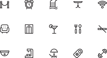 Fototapeta premium Luxury hotel resort and vacation outline vector icon set featuring morning alarm clocks swimming pools cocktails elevators restaurant dining and bar drinks