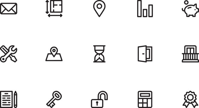 Architectural planning and business navigation outline vector icons featuring structural blueprints map location pins analytical bar charts and hourglasses