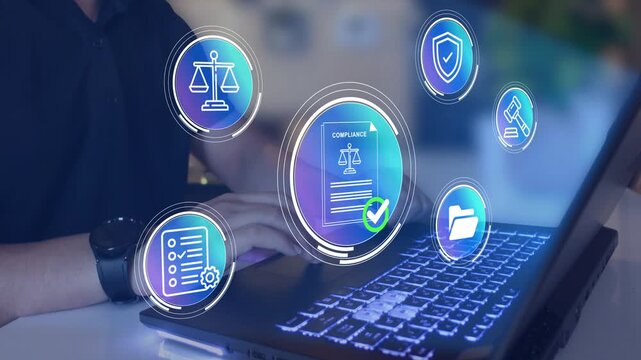 Compliance and document management concept. Compliance and file icons, regulatory control, document organization and business governance. 