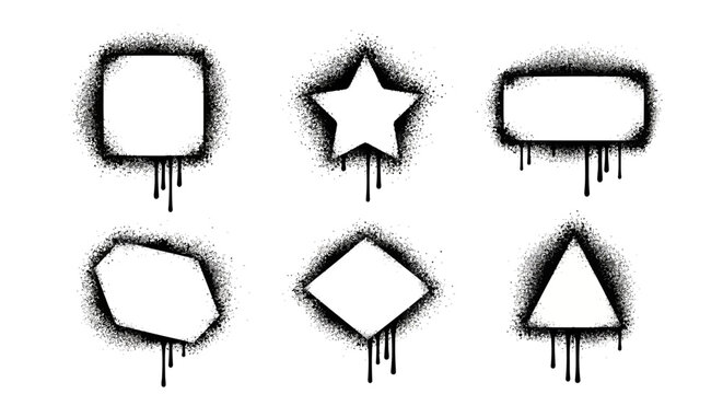 Graffiti spray paint frames with dripping ink, black urban street art border set, 6 spray painted geometric shapes for text and logo design