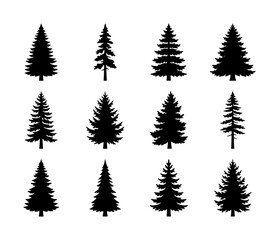 Obraz premium Diverse Pine Tree Silhouettes, Evergreen Conifer Vector Icons, Forest Woodland Nature Elements, Winter Season Graphics