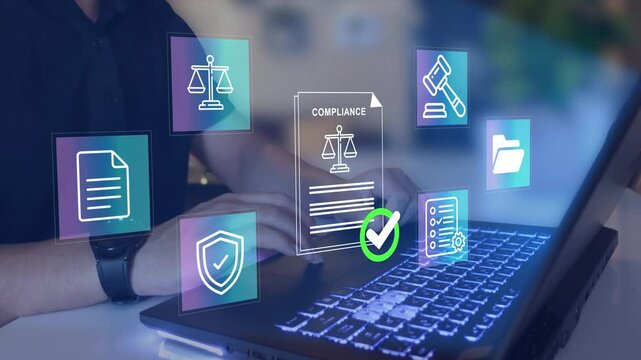 Compliance and document management concept. Compliance and file icons, regulatory control, document organization and business governance. 