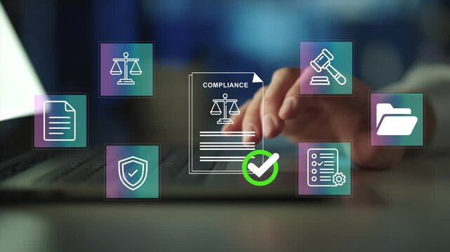 Compliance and document management concept. Compliance and file icons, regulatory control, document organization and business governance. 