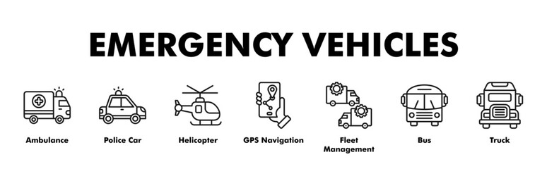 EMERGENCY VEHICLES web banner icon vector illustration concept with icon of Ambulance, Police Car, Helicopter, GPS Navigation, Fleet Management, Bus, Truck  © Kron Visual