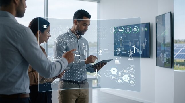 Team of professionals analyzing holographic energy grid interface, smart city infrastructure, power distribution system, renewable energy sources, wind and solar power